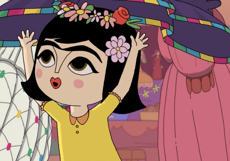 A young, animated Frida Kahlo raises her arms above her head