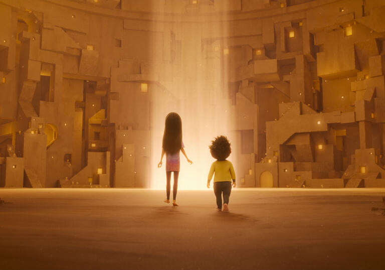two siblings walking into a big open door.