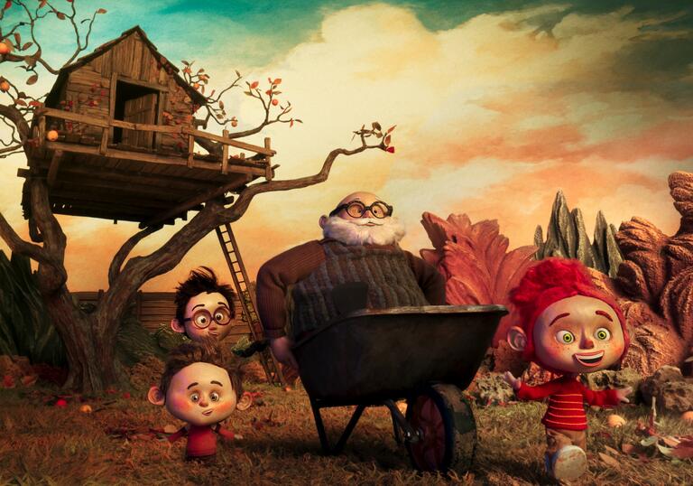 animated grandad and three kids in front a treehouse