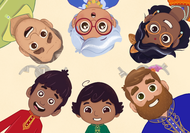 An animated South Asian family smile into the screen