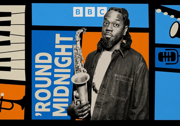Black and White image of Soweto Kinch with a jazzy illustrated background 