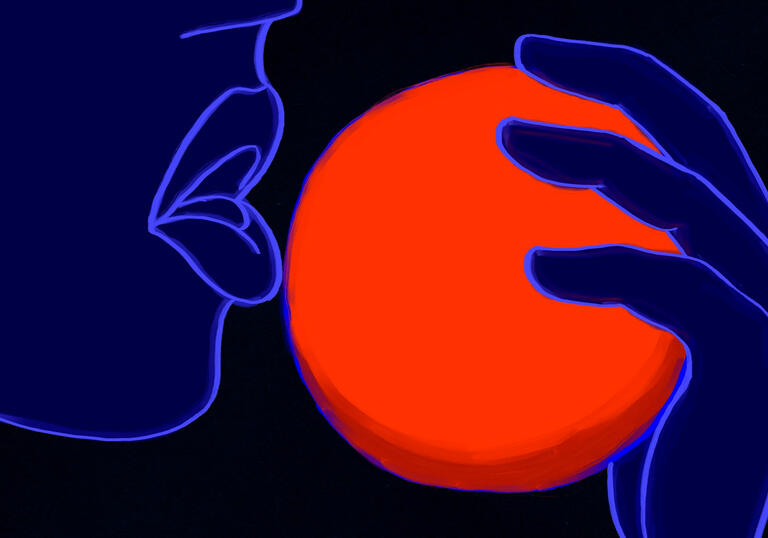An animated person eating an orange