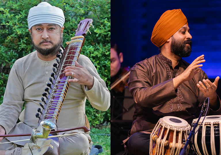 Two images of performers side-by-side