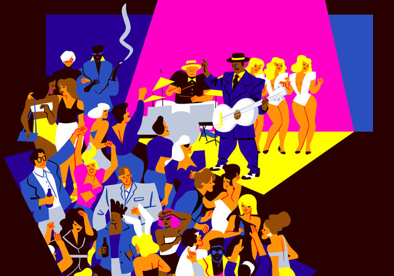 A party scene depicting Kid Creole and more figures from the time
