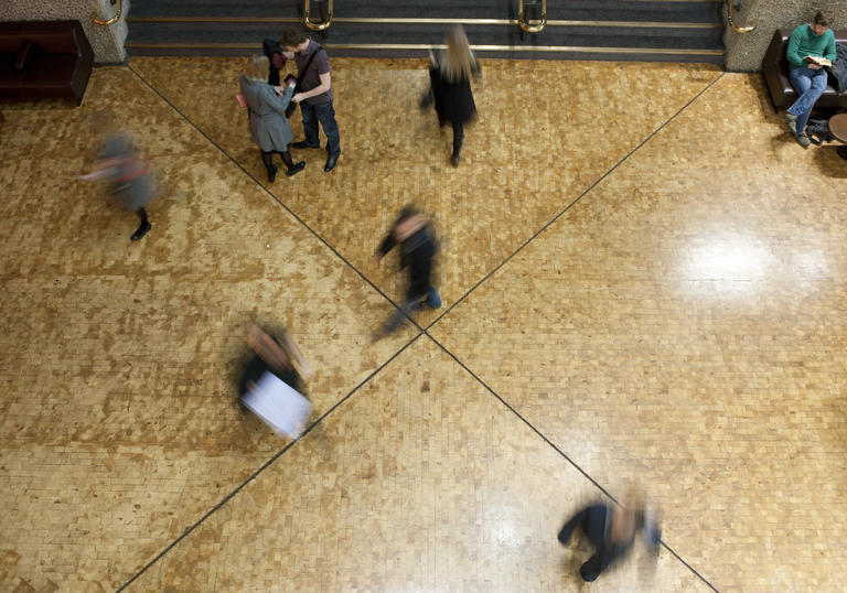 Photo of visitors in the Barbican Foyers from above