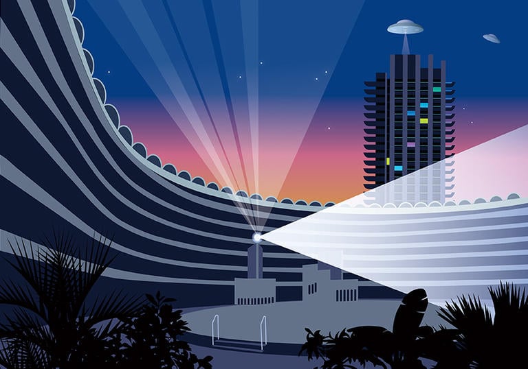 Illustration of Barbican Tower with lights