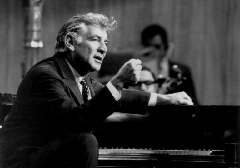 A black and white picture of Leonard Bernstein