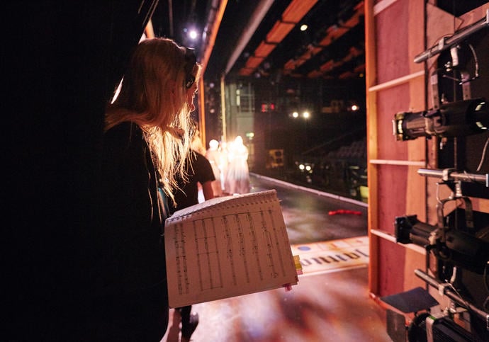 Photo of backstage at the Guildhall School theatre