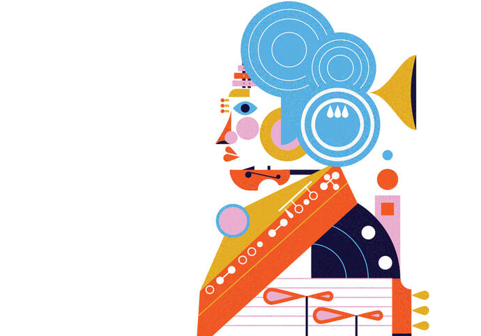 Illustration of Beethoven made up of instruments and Barbican architectural features