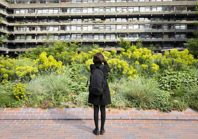 photo of someone looking at a lot of plants in front of the barbican centre