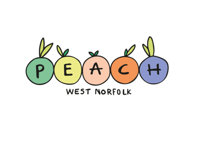 PEACH written in different coloured peaches: green, yellow, pink, orange, blue