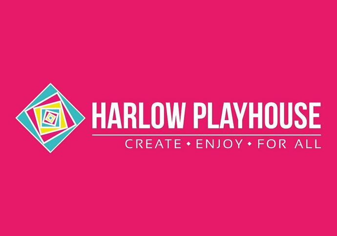 Harlow Playhouse logo across pink background