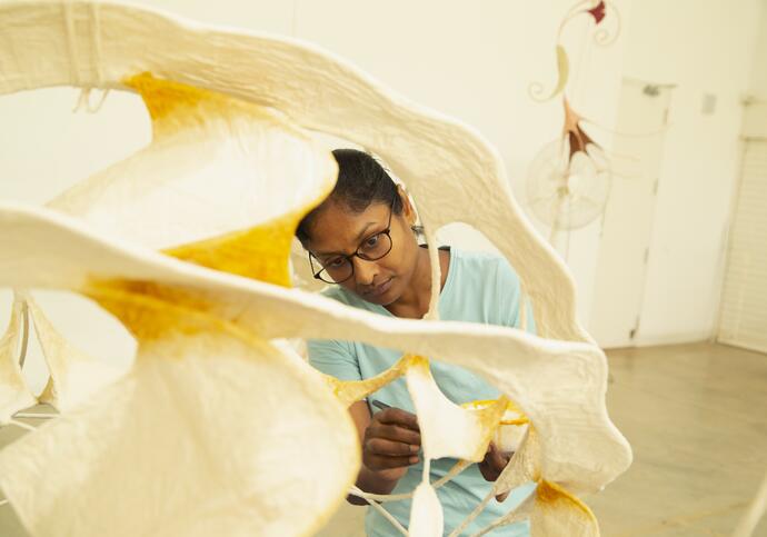 Artist Ranjani Shettar working on sculpture