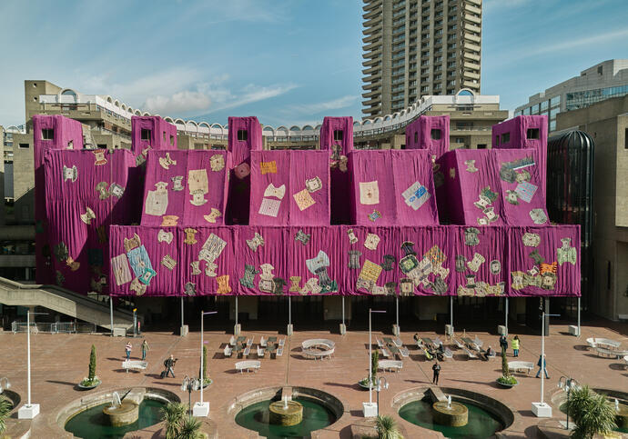 ibrahim mahama installation on the barbican lakeside facade