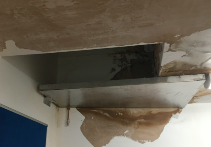 A patch of damp on the ceiling and walls of the conservatory
