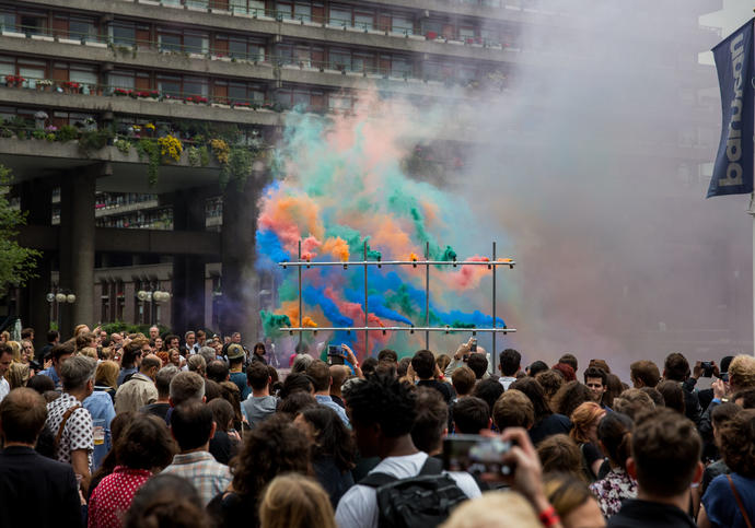 Photo of Station to Station smoke installation on the Barbican Lakeside