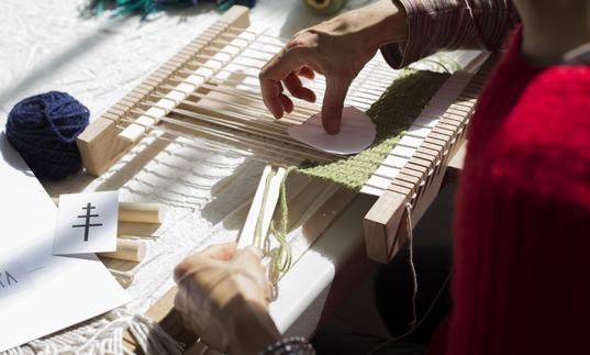 Detail of weaving workshop with Christabel Balfour featuring loom