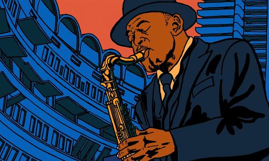 An illustration of Archie Shepp playing saxophone at the Barbican