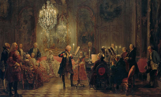 Painting by Adolph Menzel of a flute concert for Frederick the Great