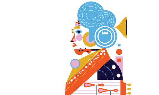 Illustration of Beethoven made up of instruments and Barbican architectural features