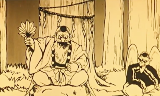 An angry man and a tengu in an early Japanese animation.