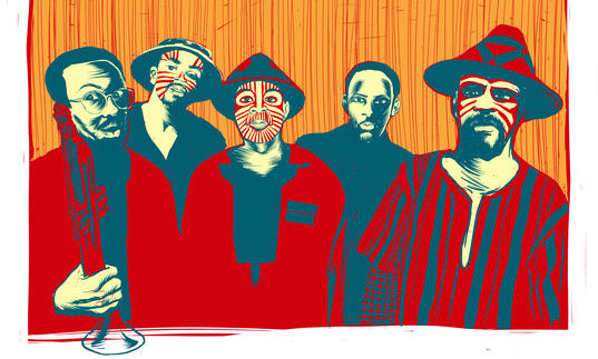 An illustration of Art Ensemble of Chicago wearing facepaint and traditional masks.