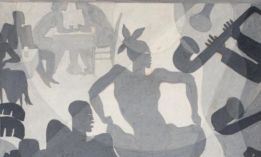 Aaron Douglas' Dance, featuring a man and a woman dancing at a club, with instruments