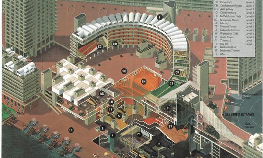 A 1982 colour map of the Barbican Centre and the estate, from a bird's eye point of view