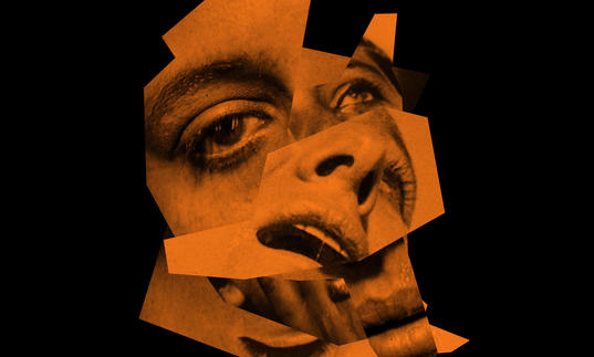 An orange distorted image of Julia Holter's face on a black background. 