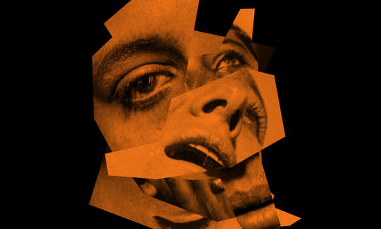 An orange distorted image of Julia Holter's face on a black background.