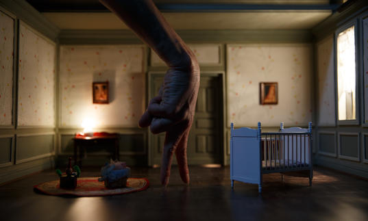 the set is a room with a crib in it, and a hand is posed as a person walking across the stage
