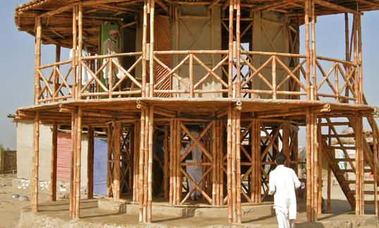 A wooden built structure by architect Yasmeen Lari; an example of barefoot architecture