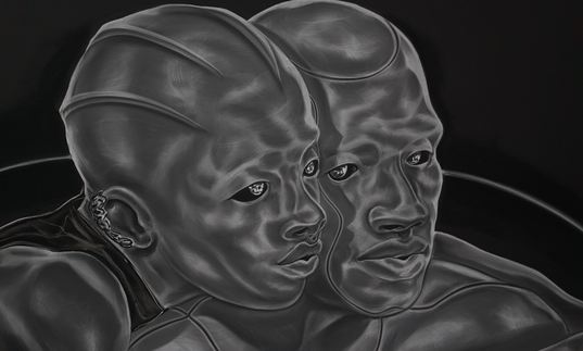 A drawing of a man and a woman, faces side by side, by Toyin Ojih Odutola