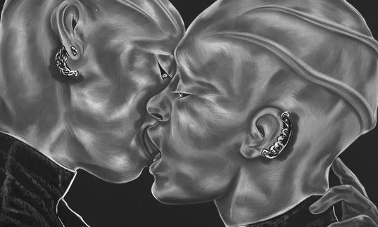 Black and white drawing of two figures kissing
