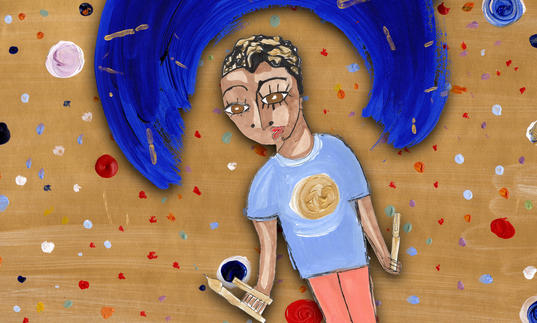 An illustration of a young person holding paint brushes and pens. A sweep of blue paint creates a rainbow over their head.