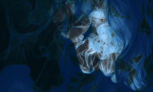Silhouette of a woman's face in profile, looking down with eyes closed, overlaid with blue smoke