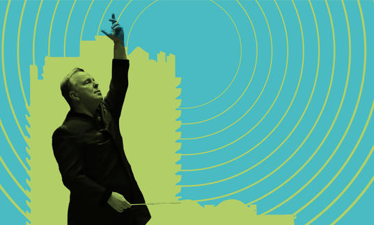Outline of Sakari Oramo conducting in front of a Barbican tower