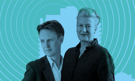 Ian Bostridge and Dame Sarah Connolly in front of a Barbican tower