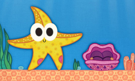 A patchwork clam and starfish in bright colours