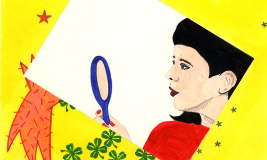an animation of a woman looking into a hand-held mirror