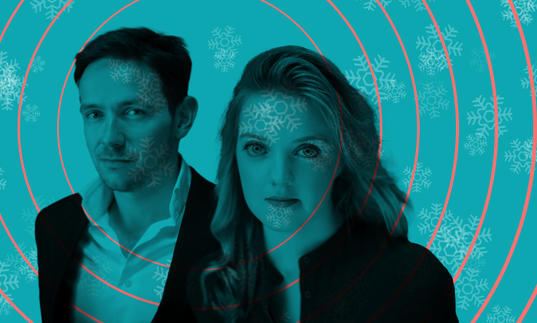 Iestyn Davies and Rowan Pierce on background of snowflakes and sonar waves