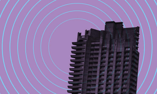 Barbican tower on purple background with sonar waves emitting from it