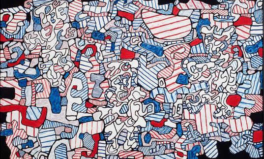 a Jean Dubuffet painting featuring white, red and blue abstract shapes