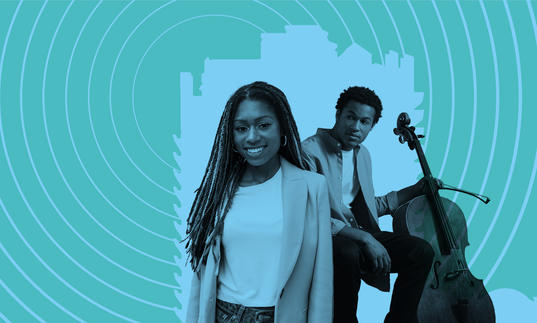 Sheku Kanneh-Mason with his cello and Isata Kanneh-Mason in front of the Barbican with radio broadcast waves emitting