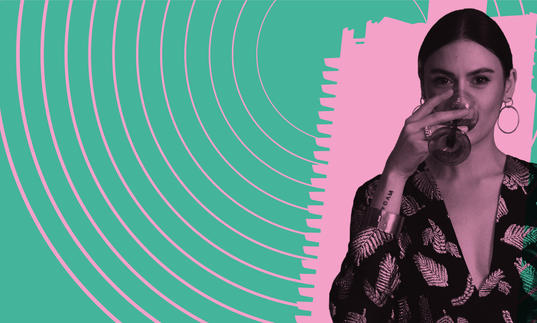 photo of nadine shah drinking from a glass, overlaid with pink and green graphics