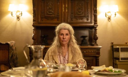 an old woman sits at the head of a long table with her long white hair cascading down