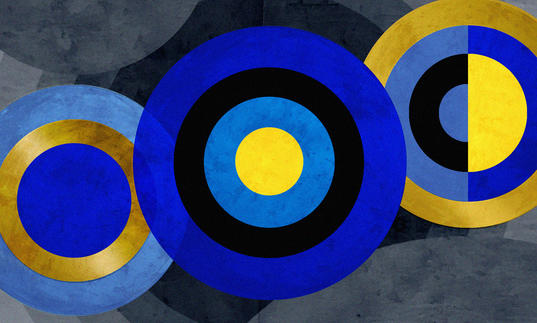 graphic-designed image of three blue gold and black concentric circels