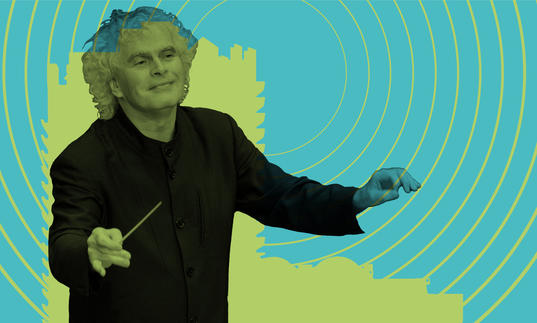 Simon Rattle conducting in front of a Barbican tower with radio waves emitting from it