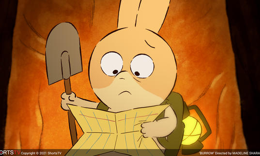 a bemused animated bunny holding a spade and looking at a map