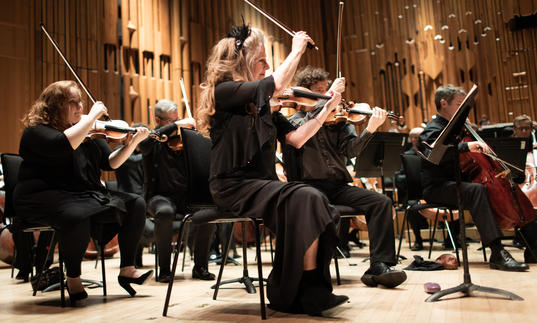 Some of the member of Britten Sinfonia on the Barbican stage